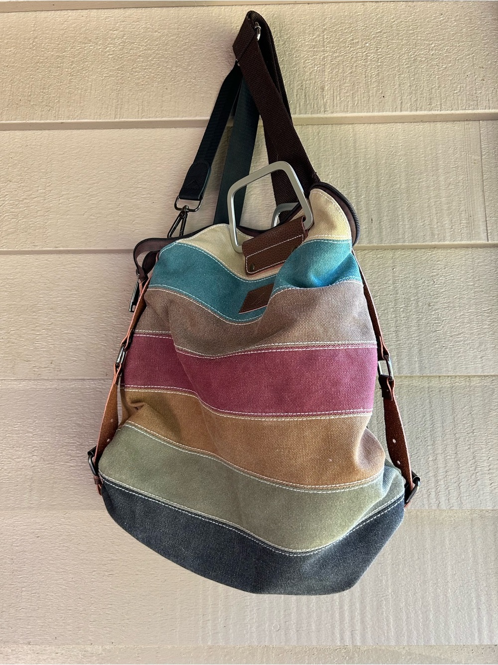 Canvas Hobo Bacpack Bag with Leather Trim - Multi colored strips.